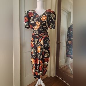 1980s Joan Martin Los Angeles Floral Dress Orange Tulips Flattering Short Sleeve